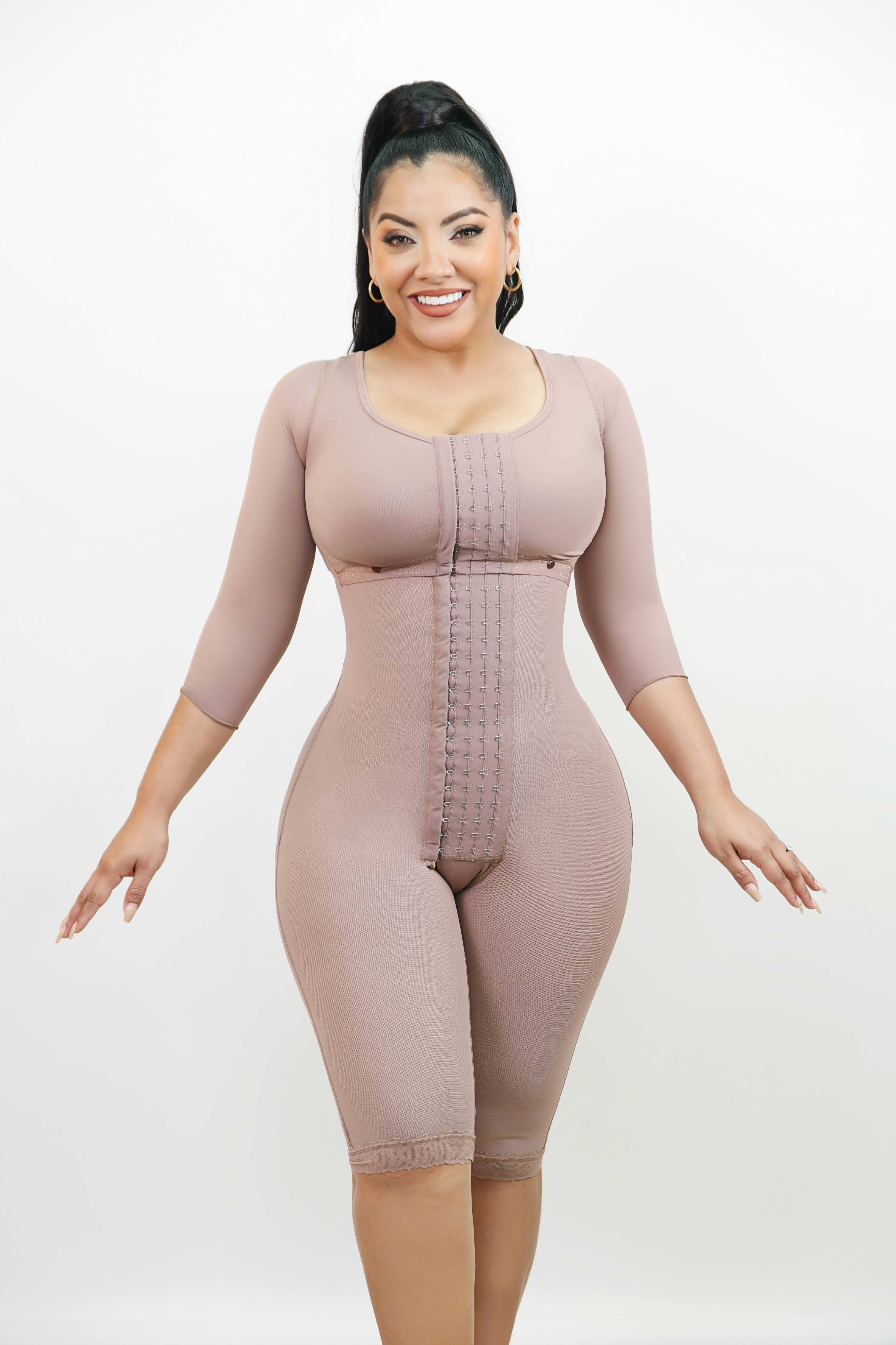 1095-Knee length power control bodysuit with bra anda sleeves